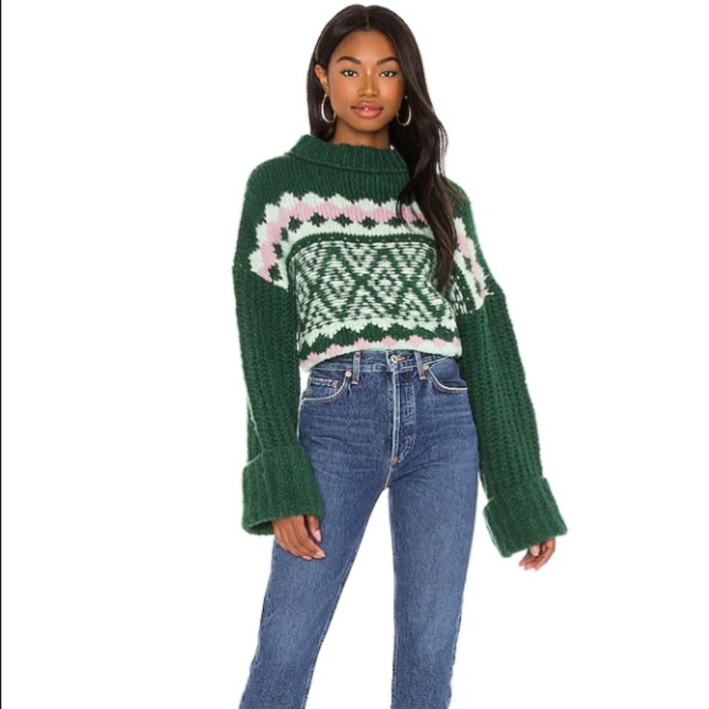 Cropped Green Patterned Knit Sweater - Women's
